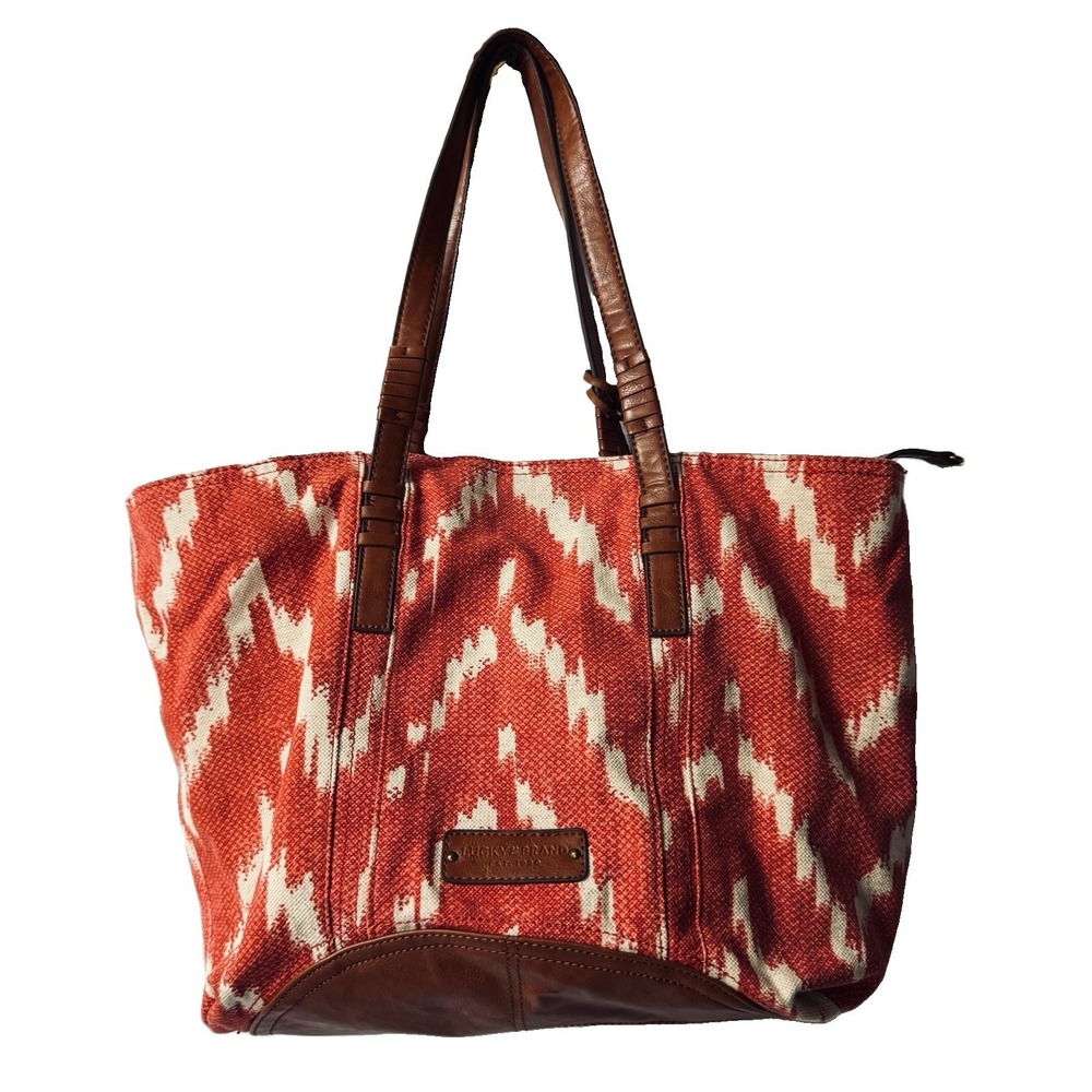 Lucky Brand Cotton Linen Ikat Tote Bag Brown Faux Leather Trim Large Shoulder